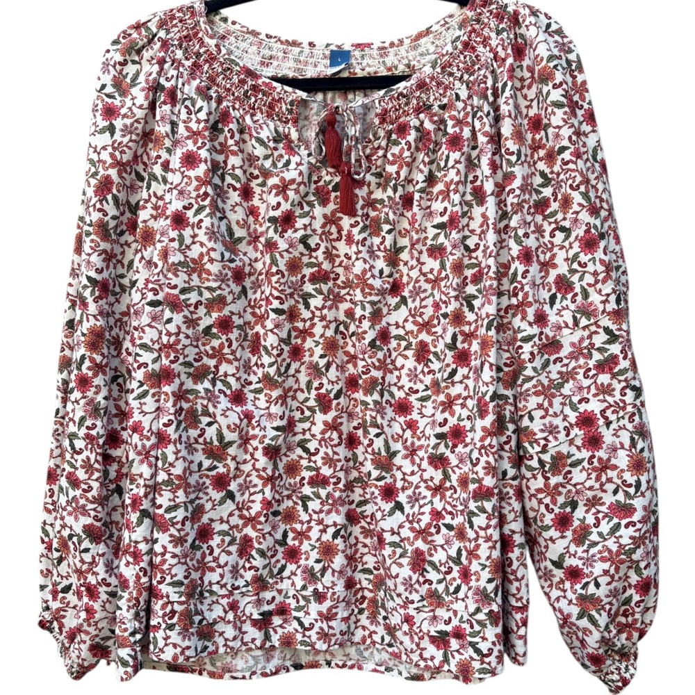 Old Navy Womens Large Peasant Blouse Red Floral Smocked Boho Top 100% Cotton